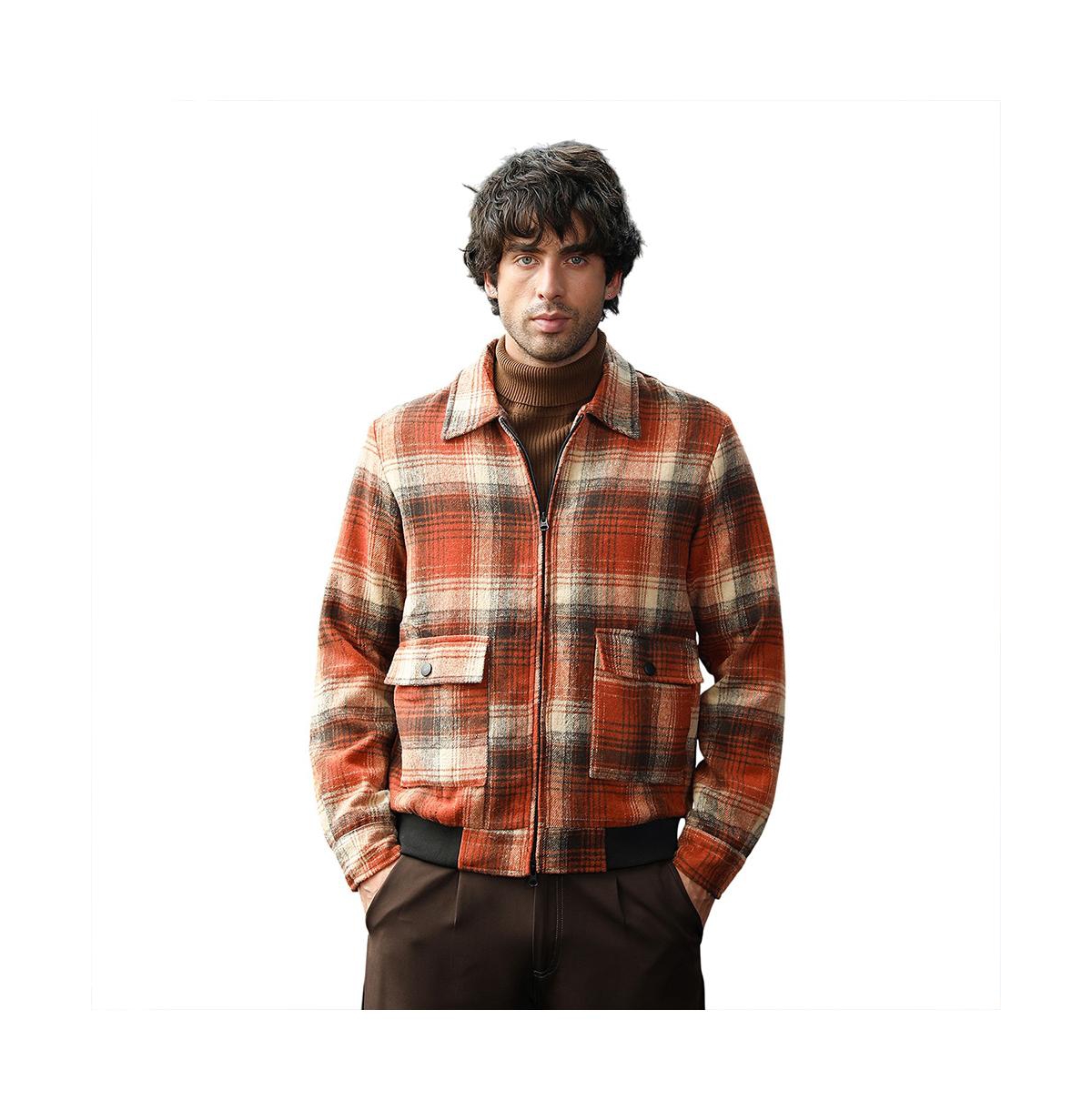 Campus Sutra Men's Burnt Sienna Zip-Front Plaid Jacket.