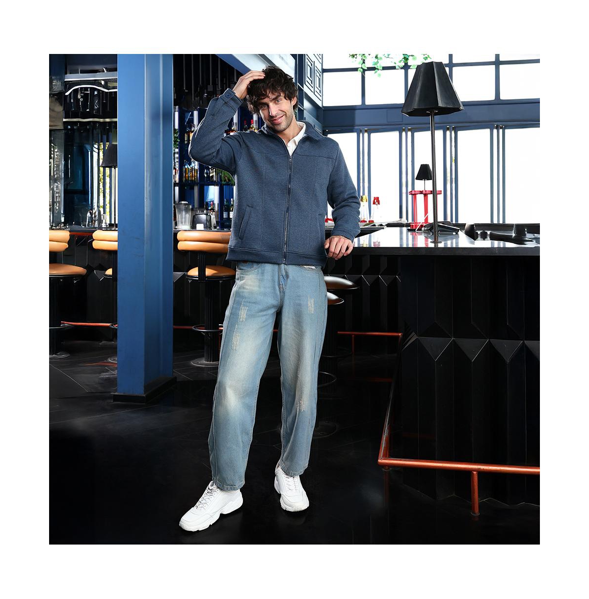 Campus Sutra Men's Indigo Blue Panel-Stitch Knit Jacket