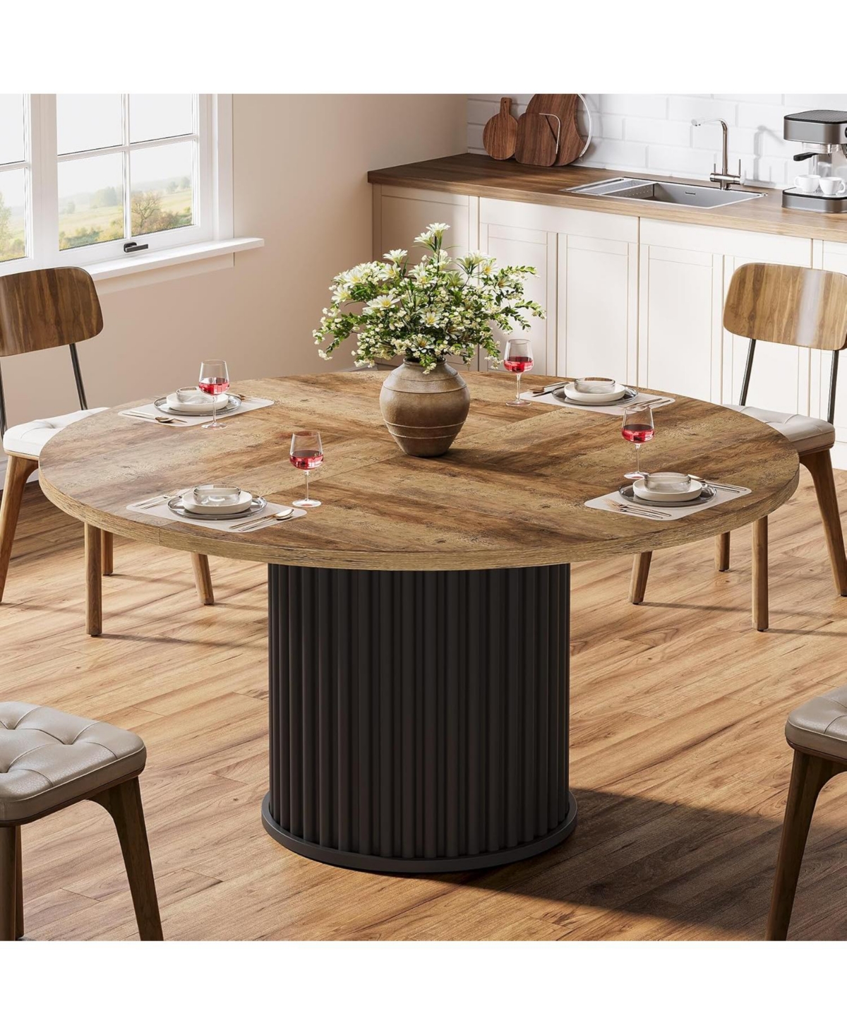 Tribesigns 47.24-Inch Black Round Dining Table for 4-6 People, Modern Fluted Mdf + Metal Base Kitchen Table