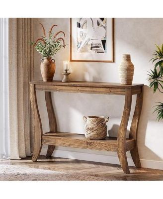 Wood Console Table with Storage, 43.3-Inch Farmhouse Entryway Table with Shelf, 2-Tier Wooden Sofa Table