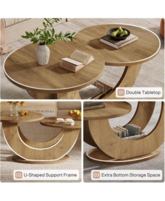 Round Coffee Table, 2-Tier Farmhouse Coffee Table with U-Shaped Frame