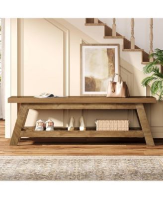 55" Wood Entryway Bench with Shoe Storage, Large 2-Tier Narrow Hallway Foyer Seating Bench