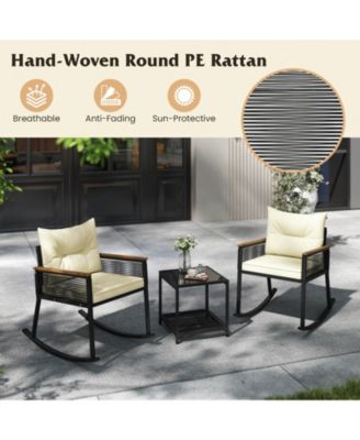 3 PCS Outdoor Rocking Bistro Set with 2-Tier Coffee Table, Acacia Wood Armrests