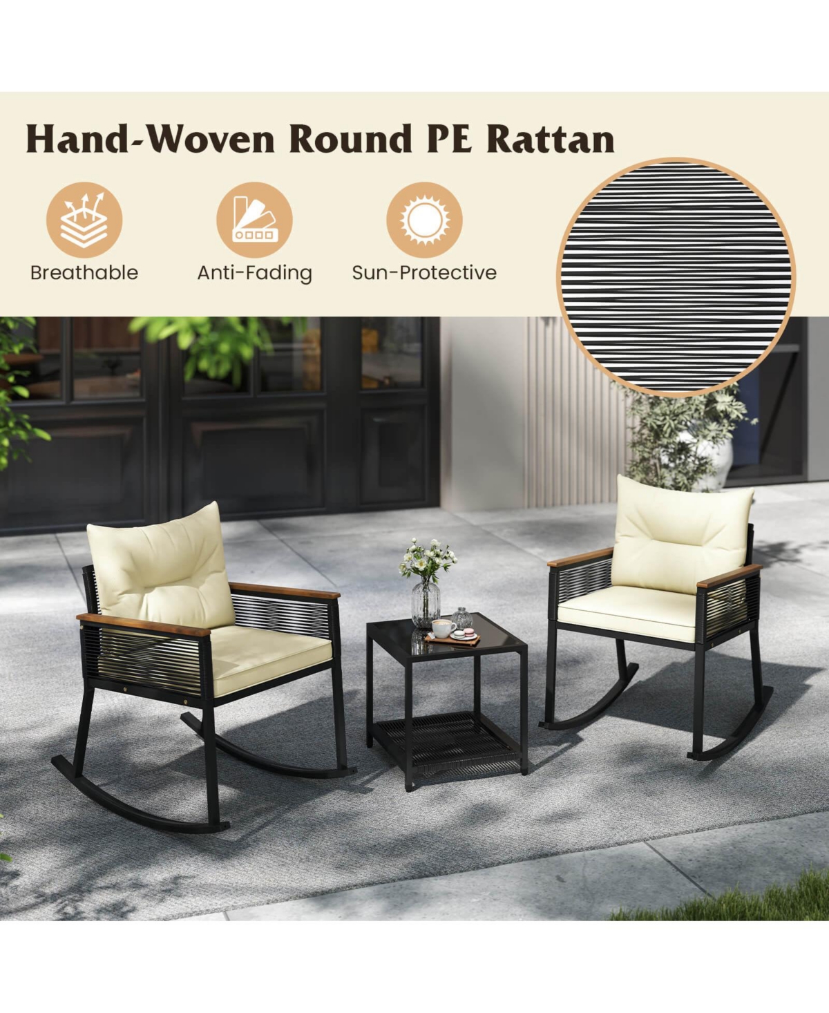 Costway 3 Pcs Outdoor Rocking Bistro Set with 2-Tier Coffee Table, Acacia Wood Armrests