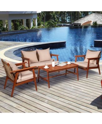 4PCS Outdoor Rattan Furniture Set Acacia Wood Table Cushioned Sofa Chair Garden