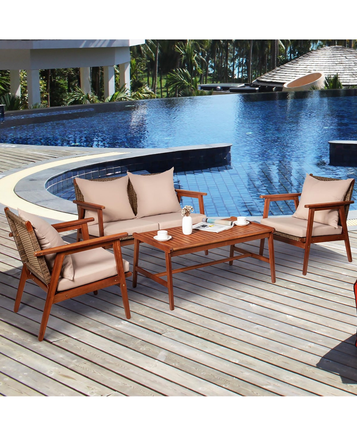 Costway 4PCS Outdoor Rattan Furniture Set Acacia Wood Table Cushioned Sofa Chair Garden