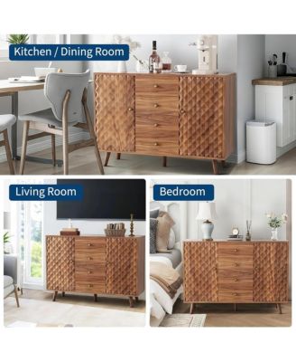 Sideboard Cabinet with 4 Drawers, Buffet Cabinet with Storage,Mid Century Modern Sideboards with 2 Door, Kitchen, Dining, Living Room, Brown