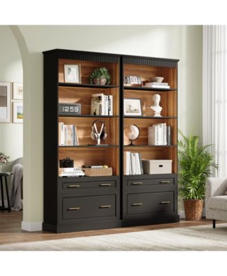 72" Wood 5-Shelf Bookcase with File Cabinet Drawer, Set of 2, Modern Free-Standing Bookshelf