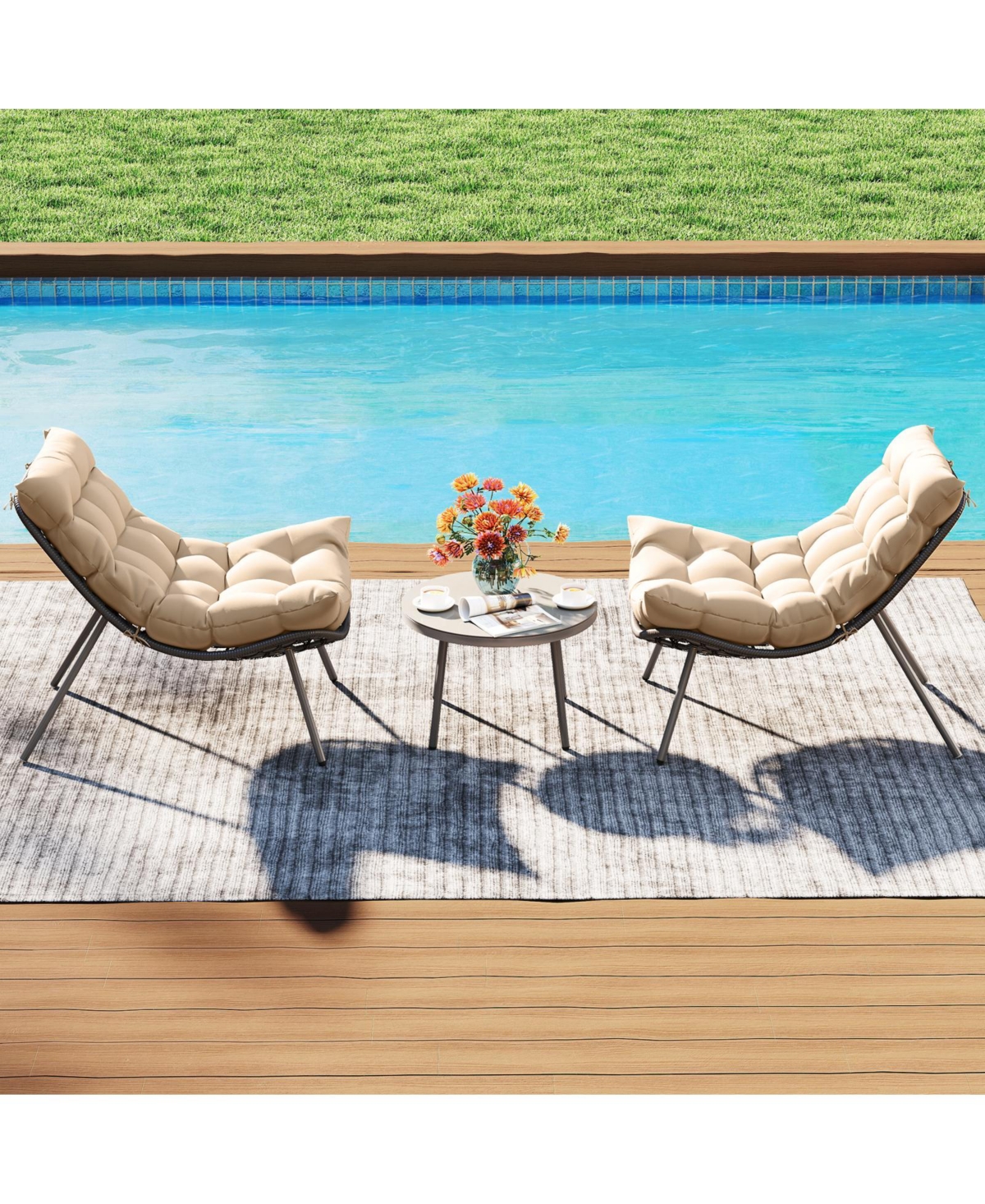 Slickblue 3 Pieces Conversation Set with Cushioned Papasan Chairs