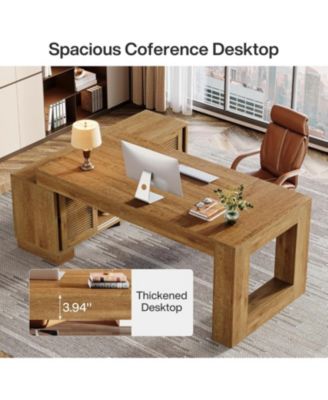 63-Inch L-Shaped Wood Executive Desk with Storage Cabinets & 2-Tier Shelf, Modern Business Workstation