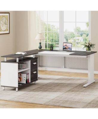 63" L-Shaped Executive Desk with File Cabinet, Drawers & Storage Shelves – Office Desk