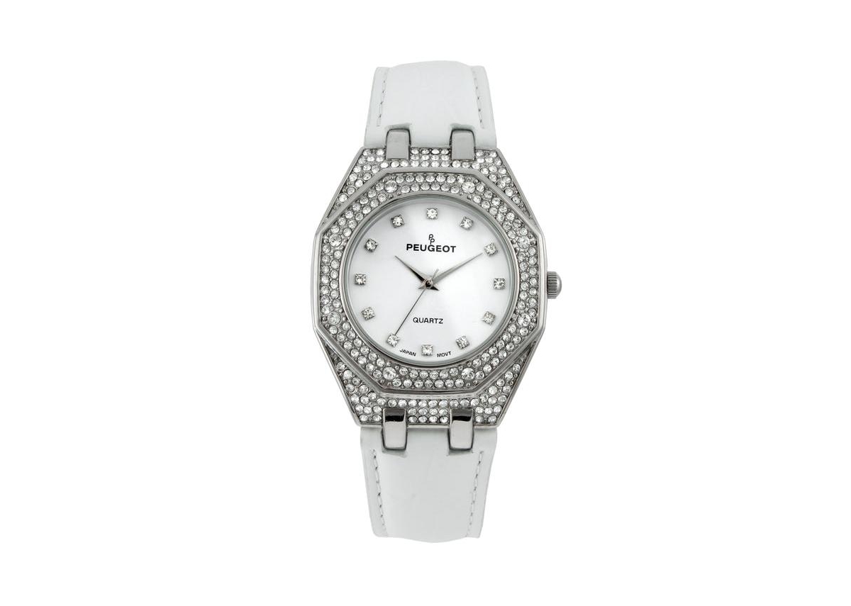 Peugeot Women's 37mm White Watch with Crystal Bezel Leather Band