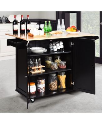 Drop-Leaf Kitchen Island Trolley Cart Wood Storage Cabinet w/ Spice Rack