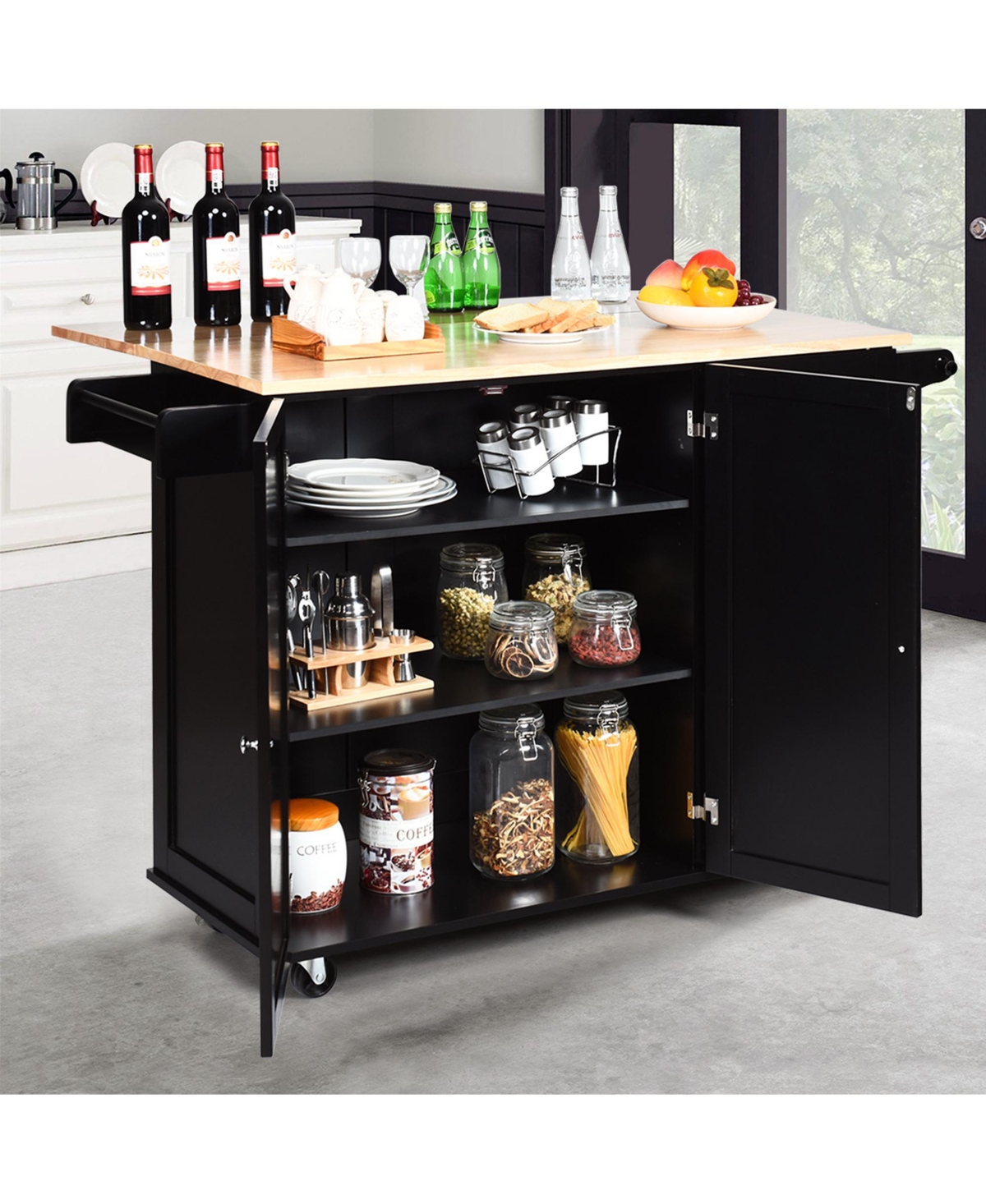 Gymax Drop-Leaf Kitchen Island Trolley Cart Wood Storage Cabinet w/ Spice Rack