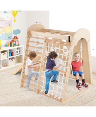 8-in-1 Indoor Jungle Gym Wooden Playground with Climbing Wall, Net, Ladder