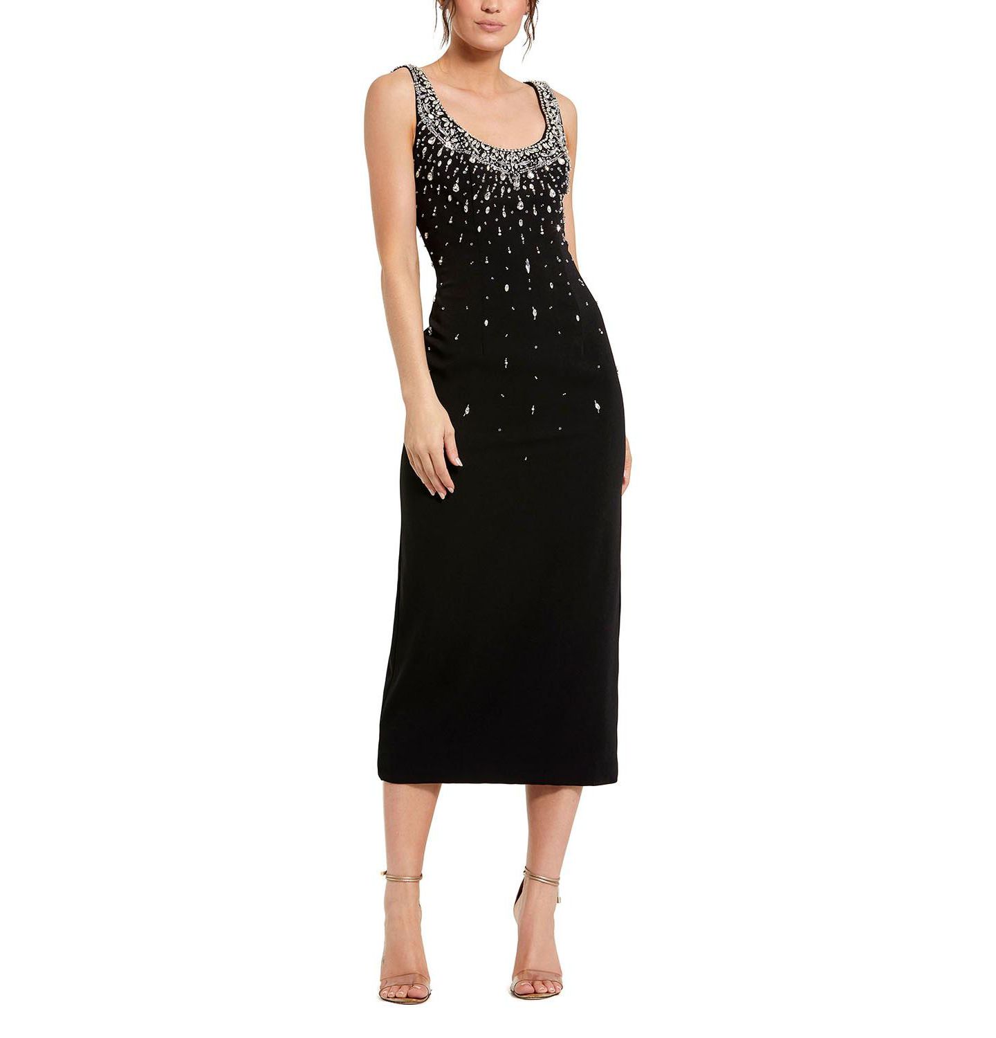 Женское платье Mac Duggal Beaded Crepe Scoop Neck Sleeveless Midi, цвет: Чёрный — фото 5