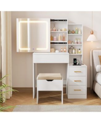 Vanity Desk with Sliding Mirror & Lights, 4 Drawers, 7 Shelves, Charging Station, Stool Included, 3 Lighting Modes, Modern Makeup Vanity