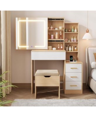 Vanity Desk with Sliding Mirror & Lights, 4 Drawers, 7 Shelves, Charging Station, Stool Included, 3 Lighting Modes, Modern Makeup Vanity