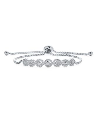 Rose Flower Cubic Zirconia CZ Adjustable Bolo Bracelet and Rosette Halo Drop Earrings Lever Back Jewelry Set