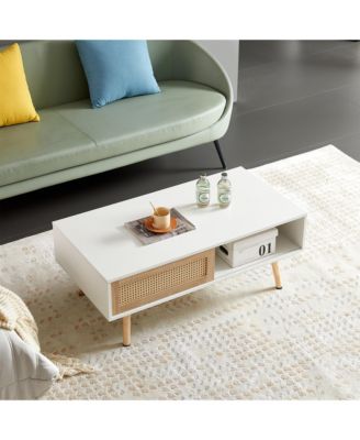 Modern Rattan Coffee Table with Sliding Door Storage and Solid Wood Legs