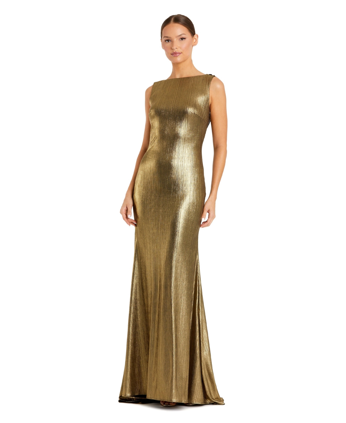 Mac Duggal Women's Metallic Jersey Cowl Back Column Gown