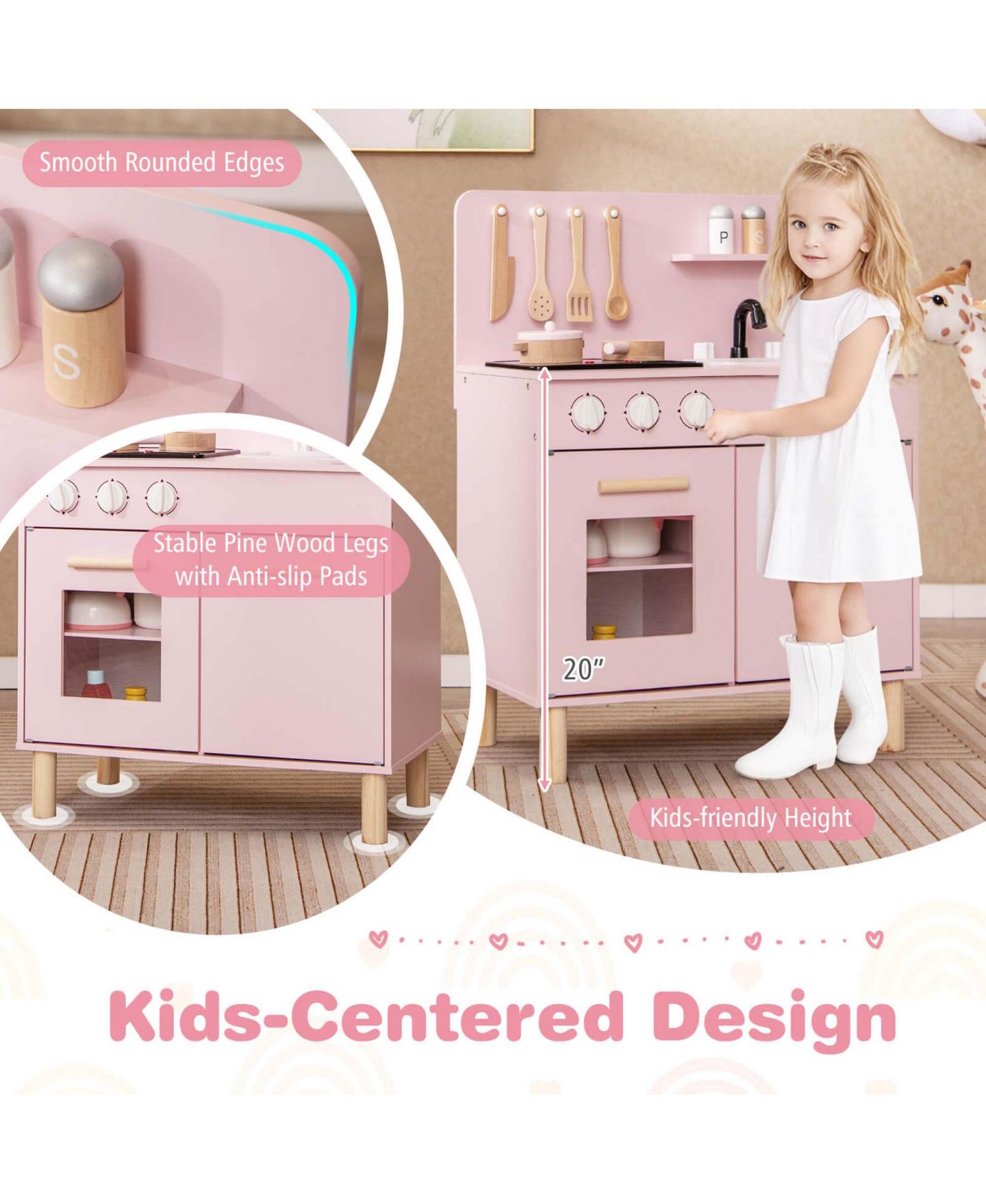 Детский игровой набор Costway Light-Up Cooking Sounds Wooden Kids Kitchen Playset, от 3 лет, цвет: Розовый — фото 8