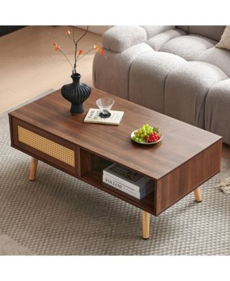 PE Rattan Coffee Table with Sliding Storage Door and Solid Wood Legs for Living Room