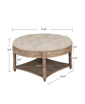 Farmhouse Round Ottoman Coffee Table with 2-Tier Storage and Waterproof Linen
