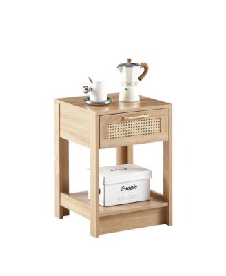Modern Rattan End Table with Drawer Nightstand Side Table
