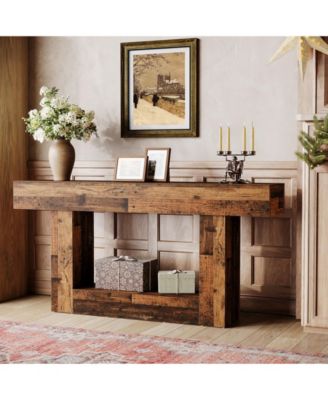 63" Console Table, Farmhouse 2-Tier Entryway Table with U-Shaped Base, Mix Brown