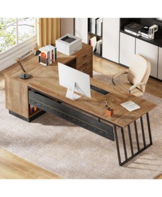 71-Inch Executive Desk, L-Shaped Desk with Cabinet, Large Office Desk with Drawers and Storage Shelves