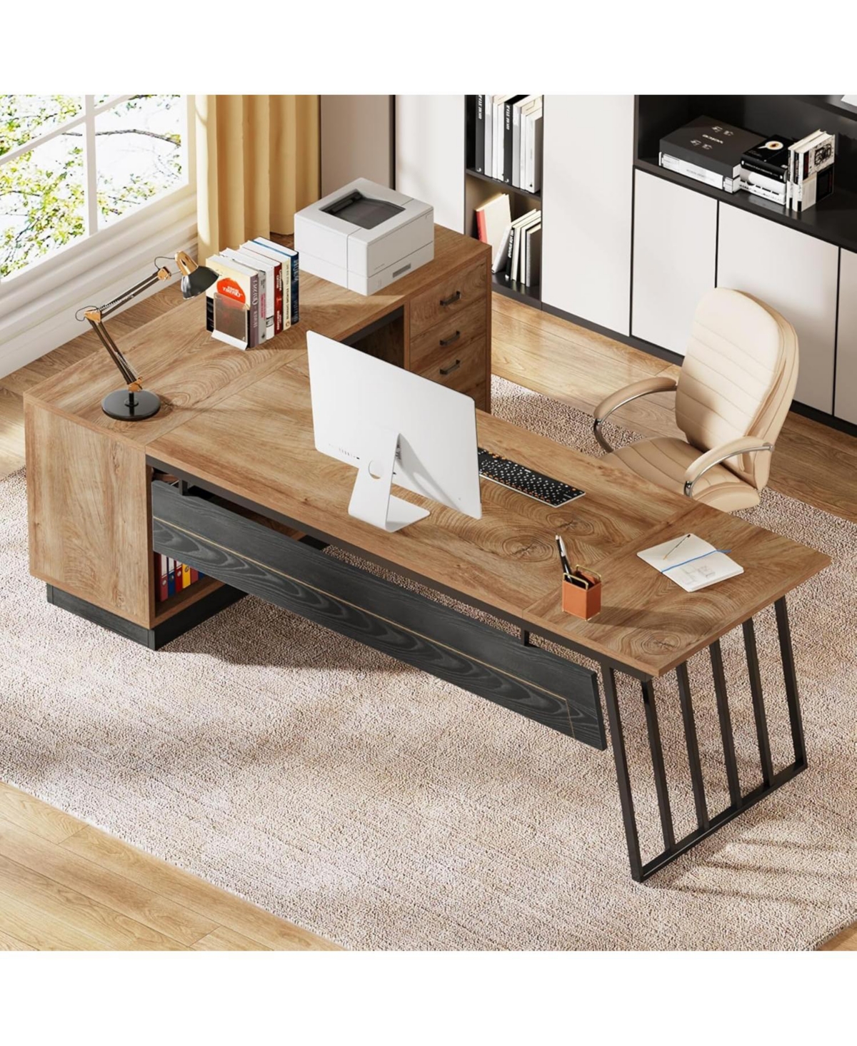 Tribesigns 71-Inch Executive Desk, L-Shaped Desk with Cabinet, Large Office Desk with Drawers and Storage Shelves, Writing Table Computer Desk