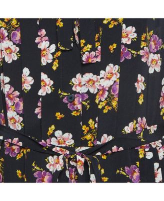 Women's Black Peonies Print Silk Pleated Button Front Maxi Dress