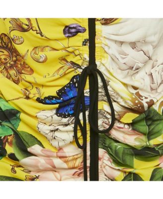Women's Yellow Floral Print Jersey Ruched Detail Short Dress