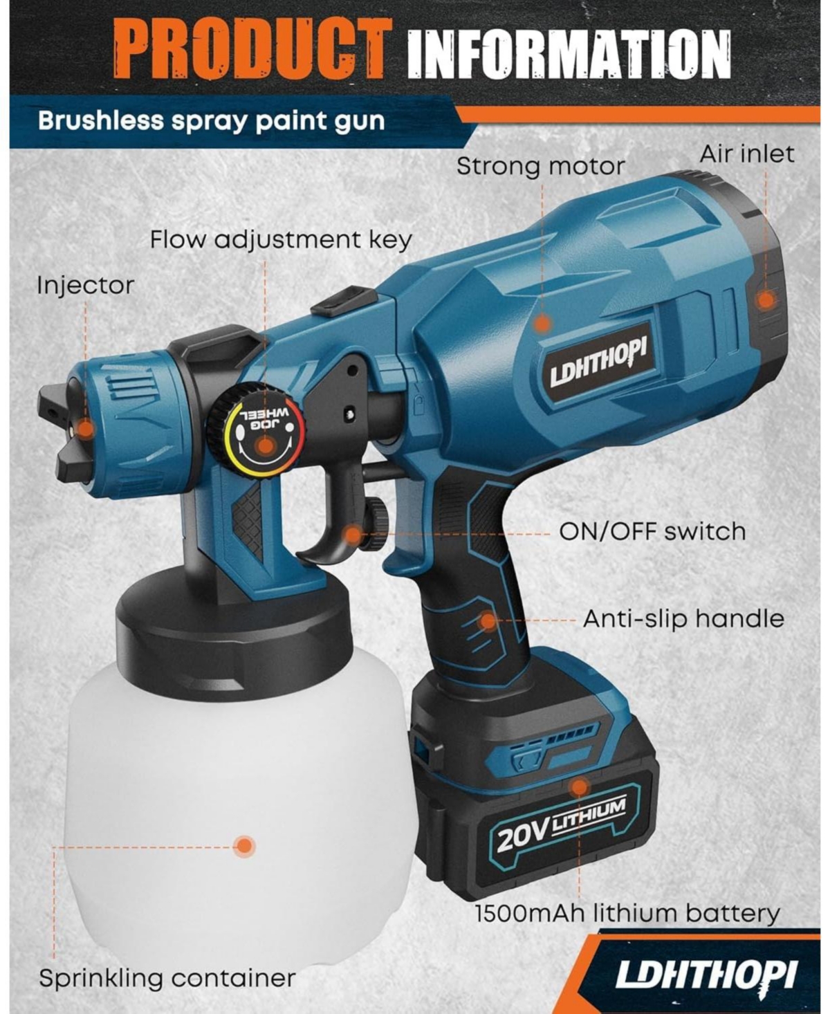 Ldhthopi Cordless Paint Sprayer 1000W with 2x4000mAh Batteries, 1200ml Container, 5 Copper Nozzles, Hvlp Technology for Home and Furniture Painting