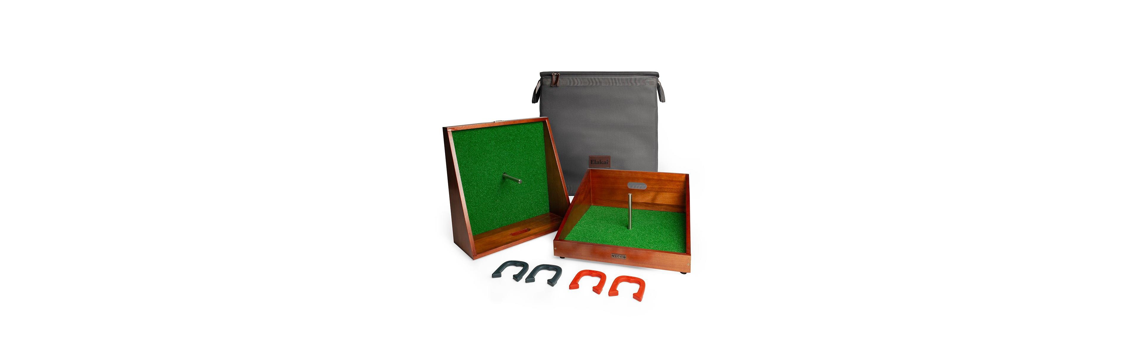 Elakai Mahogany Buckaroo Handcrafted Mini Horseshoes Game with Padded Artificial Turf, 2-4 Player, Ages 8+