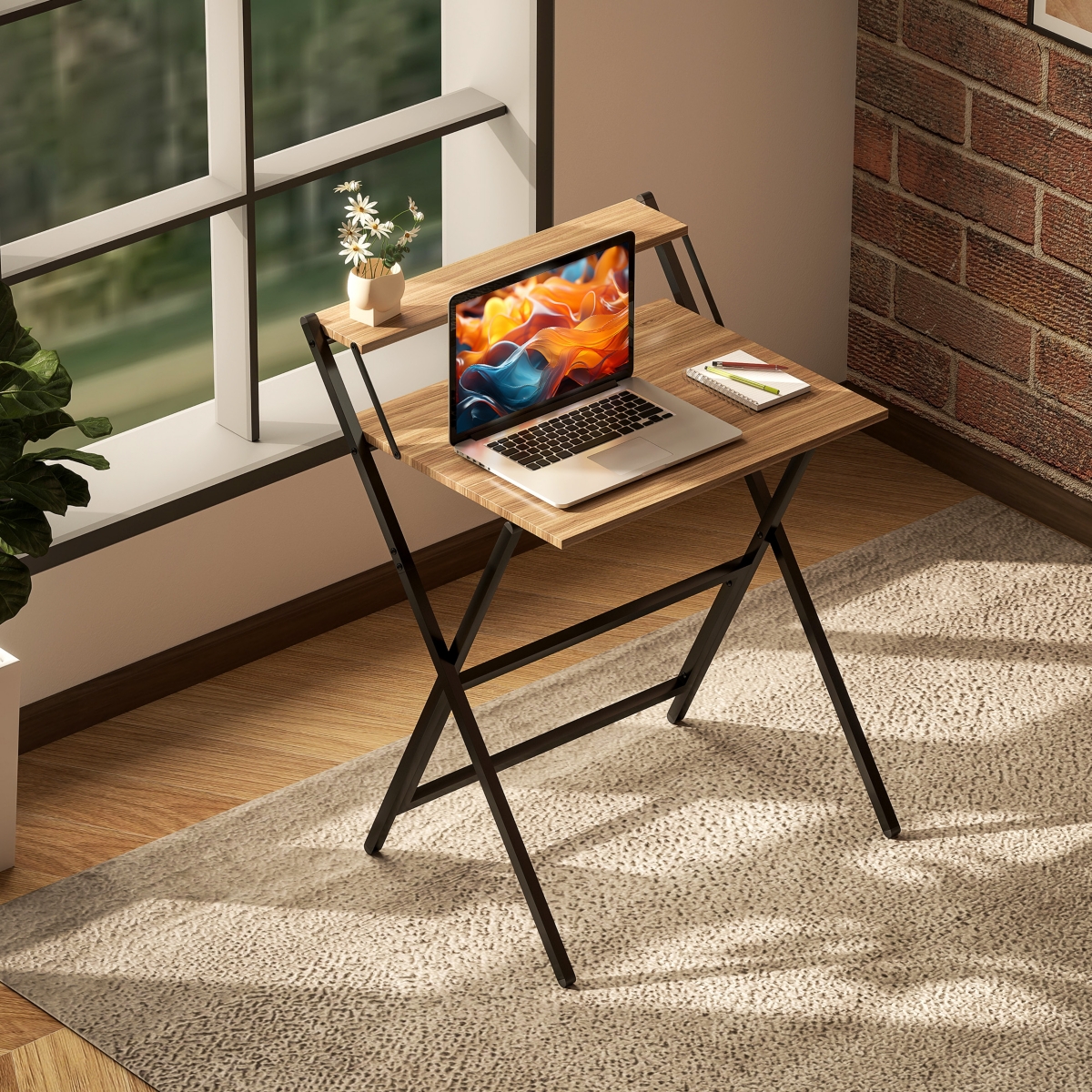 Homcom Small Folding Desk Foldable Computer Desk with Monitor Shelf