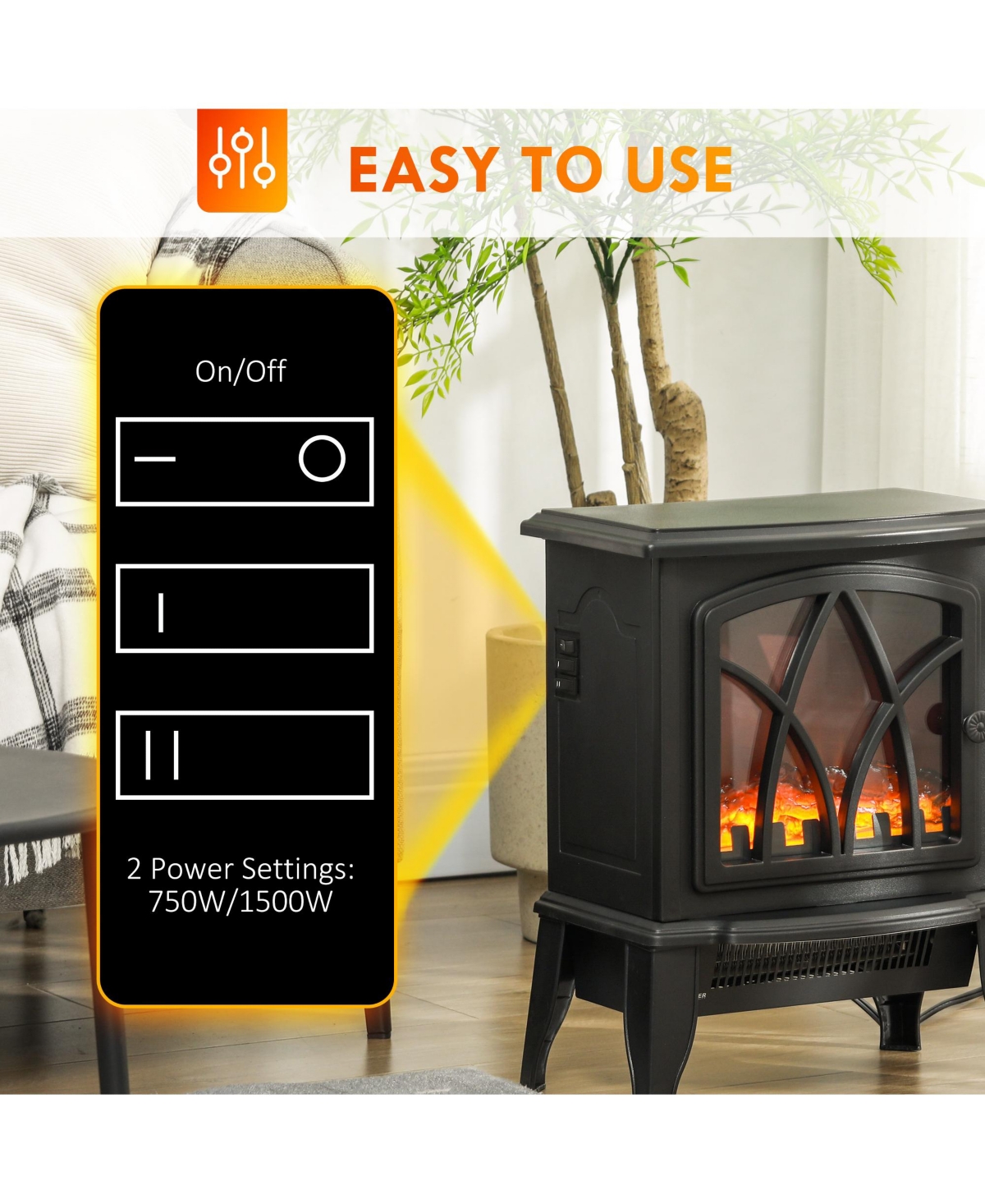 Homcom Electric Fireplace Heater with Realistic Led Flames and Logs