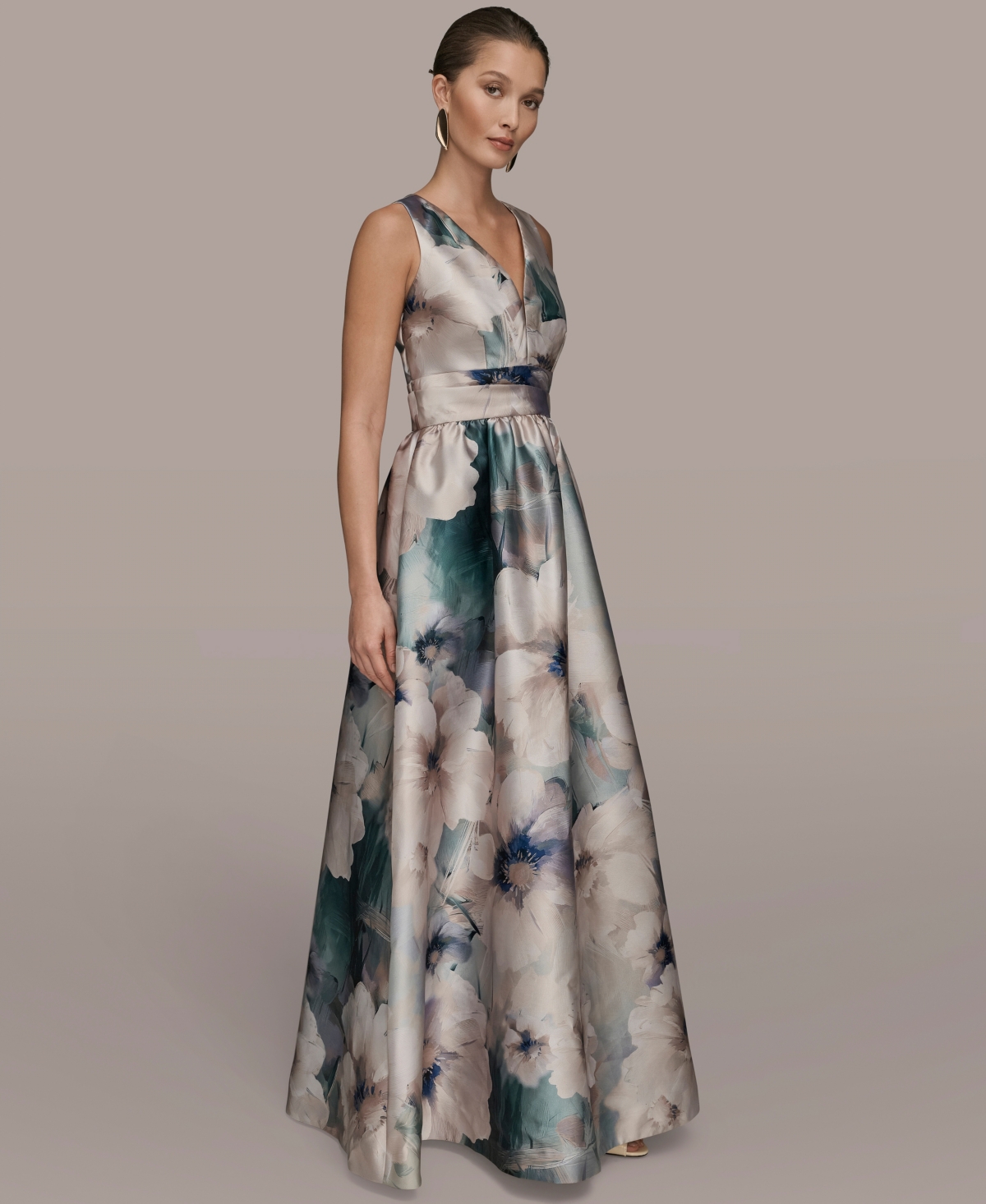 Donna Karan New York Women's Floral print short sleeve pleated A-line Ball Gown