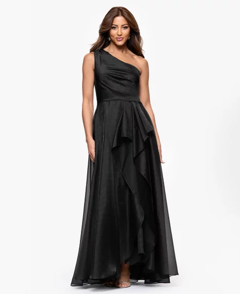 Petite One-Shoulder A-Line Long Dress - Black