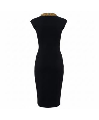 Knit Embellished Neck Detail Sleeveless Sheath Dress