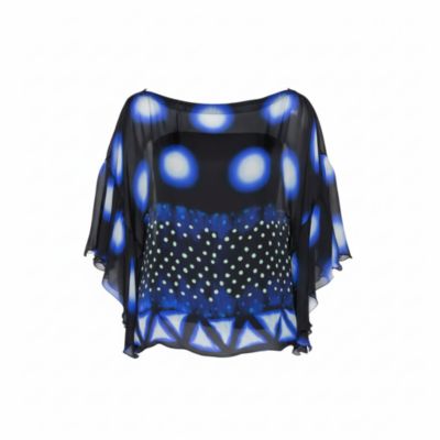 Women's Blue & Black Printed Silk Sheer Blouse