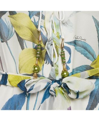 Women's Multicolor Floral Print Silk Ruffle Belted Dress