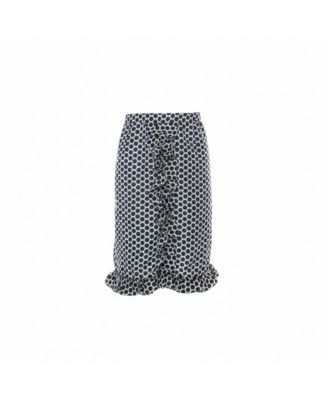 Women's Blue And White Polka Dot Printed Coated Silk Ruffle Detail Skirt