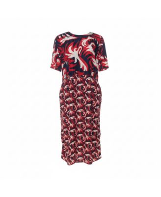 Women's Red & Blue Mixed Print Silk Blend Short Sleeve Dress