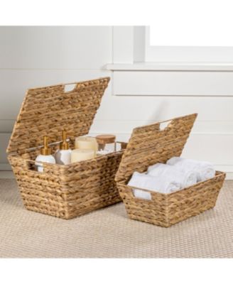 Wilder Classic Farmhouse Woven Hyacinth Rectangular Storage Baskets with Lids and Handles (Set of 2