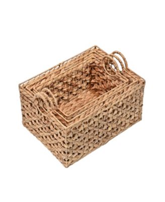 Quinn Bohemian Cottage Woven Hyacinth Rectangular Storage Baskets with Handles, Set of 3