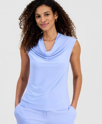 Petite Solid Cowl Neck Cap Sleeve Blouse