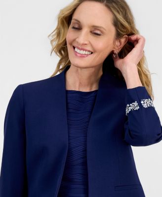Women's Stretch Crepe Collarless Embellished Bracelet-Sleeve Jacket
