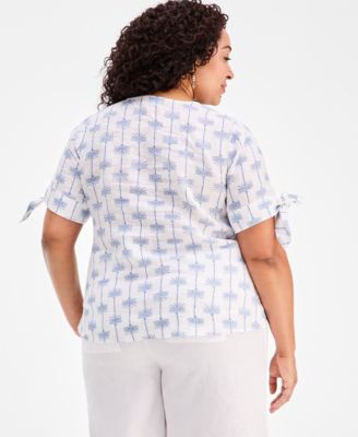 Plus Size Woven Linen King Street Palm Tie-Sleeve Top